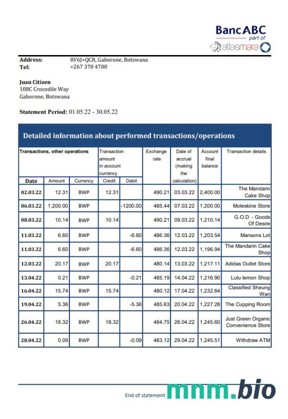 Szablon wyciągu bankowego Botswana Bank ABC, format Excel i PDF